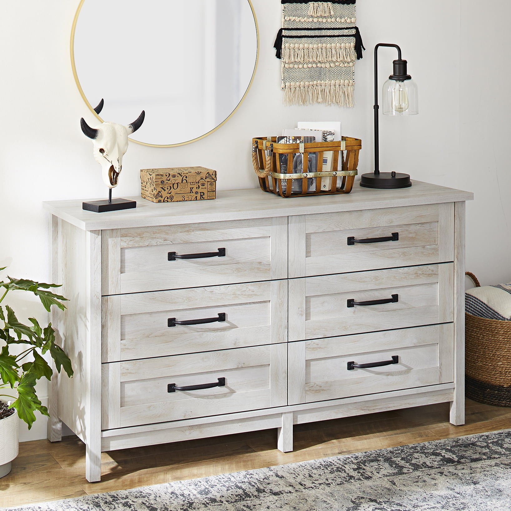 Modern Farmhouse 6 Storage Drawer Chest of Drawers Dresser Rustic White