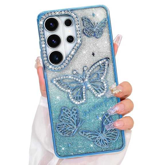 Poweltek Bling Diamond Case for Samsung Galaxy S26, Shockproof Plating Sparkly Cute 3D Butterfly Glitter Slim Soft TPU Rubber Cover, Blue