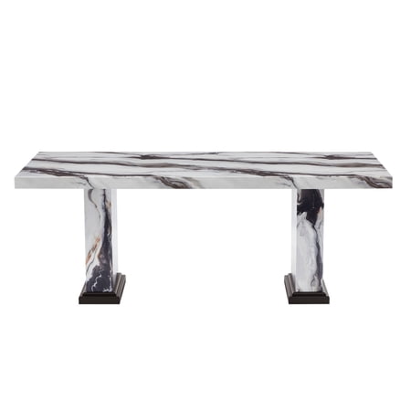 Dining Table Rectangular Faux Marble Top with Double Pedestal Base Solid Wood and MDF Engineered Hardwood Seats 6 Black and White Contemporary Style for Dining Room Area