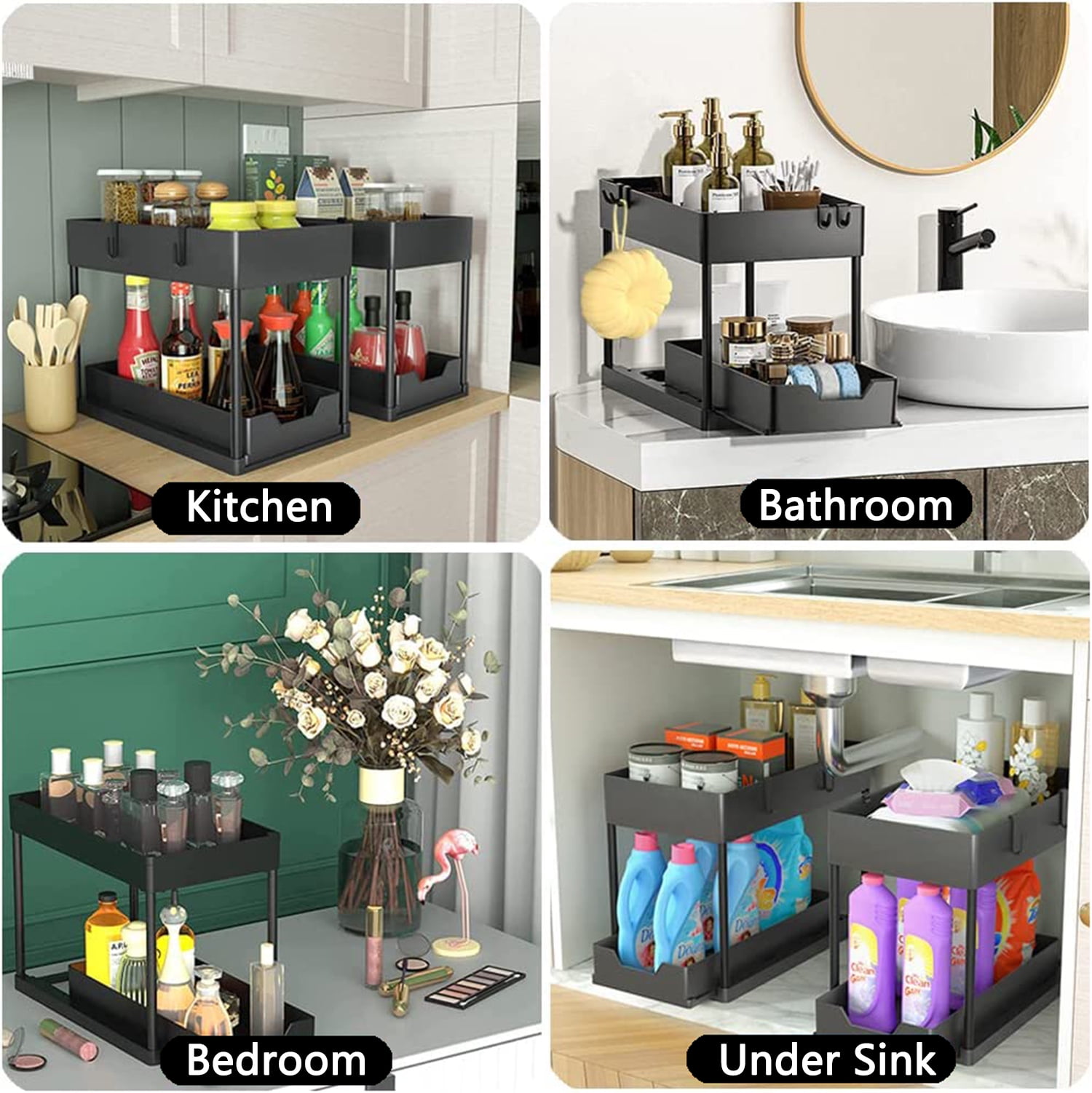 2 Tier Under Sink Organizer Multi-purpose Under Sink Shelf with 4 Hooks & 2  Cup Base Large Capacity for Kitchen Bathroom Cabinet - AliExpress