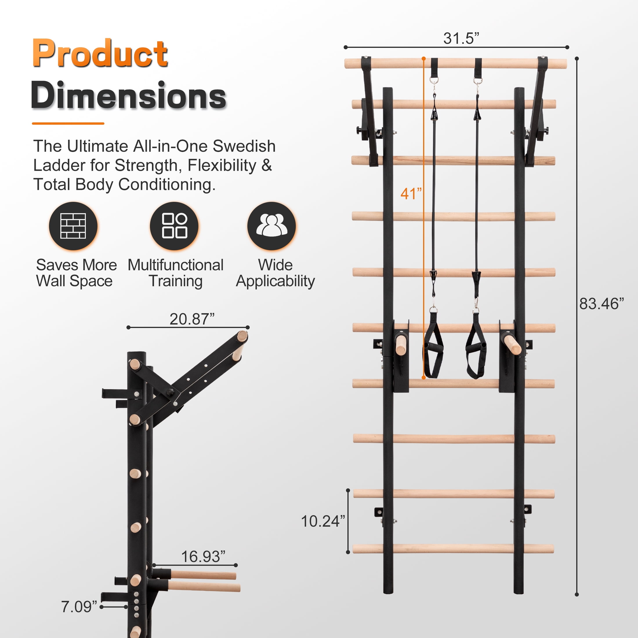 Wall Mount Swedish Ladder Home Gym Training Stall Bar with Adjustable Pull Up Dip Bars & Resistance Straps, Max 286lbs Capacity