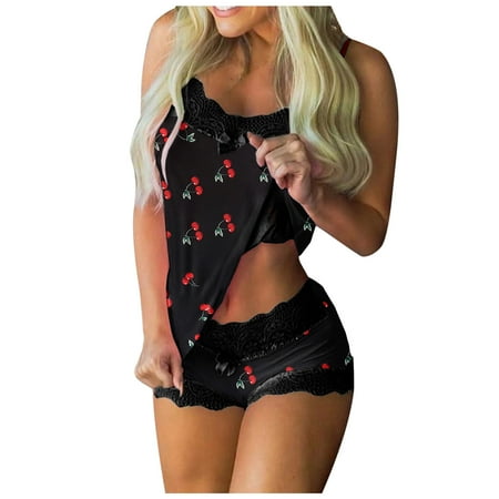 

Spaghetti Strap Pajamas Set for Women Sleeveless Pjs Shorts Lace Trim Cami Top Lingerie Sleepwear Sexy Nightwear