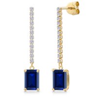 Gem Stone King 14K Yellow Gold Blue Created Sapphire and Lab Grown Diamond Dangle Earrings for Women | 3.36 Cttw | Gemstone September Birthstone | Octagon 8X6MM
