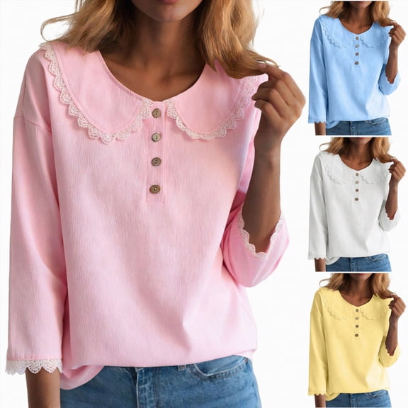 vigerkar Womens Floral Embroidered Long Sleeve Shirt Peter Collar Dressy Casual Blouse Shirts (Sky Blue, S)