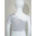 thumbnail image 3 of Nyeemya Kids Girls Boys Jazz Hip-hop Dance Top One Shoulder Metallic Crop Top T-Shirt Stage Silver 120, 3 of 5