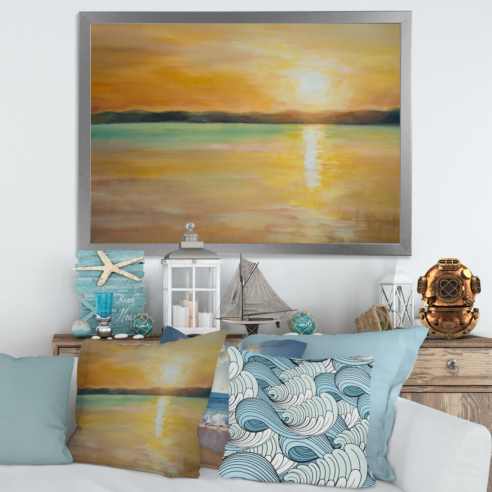 Designart 'Abstract Yellow Sunset At The Horizon' Nautical & Coastal Framed Art Print