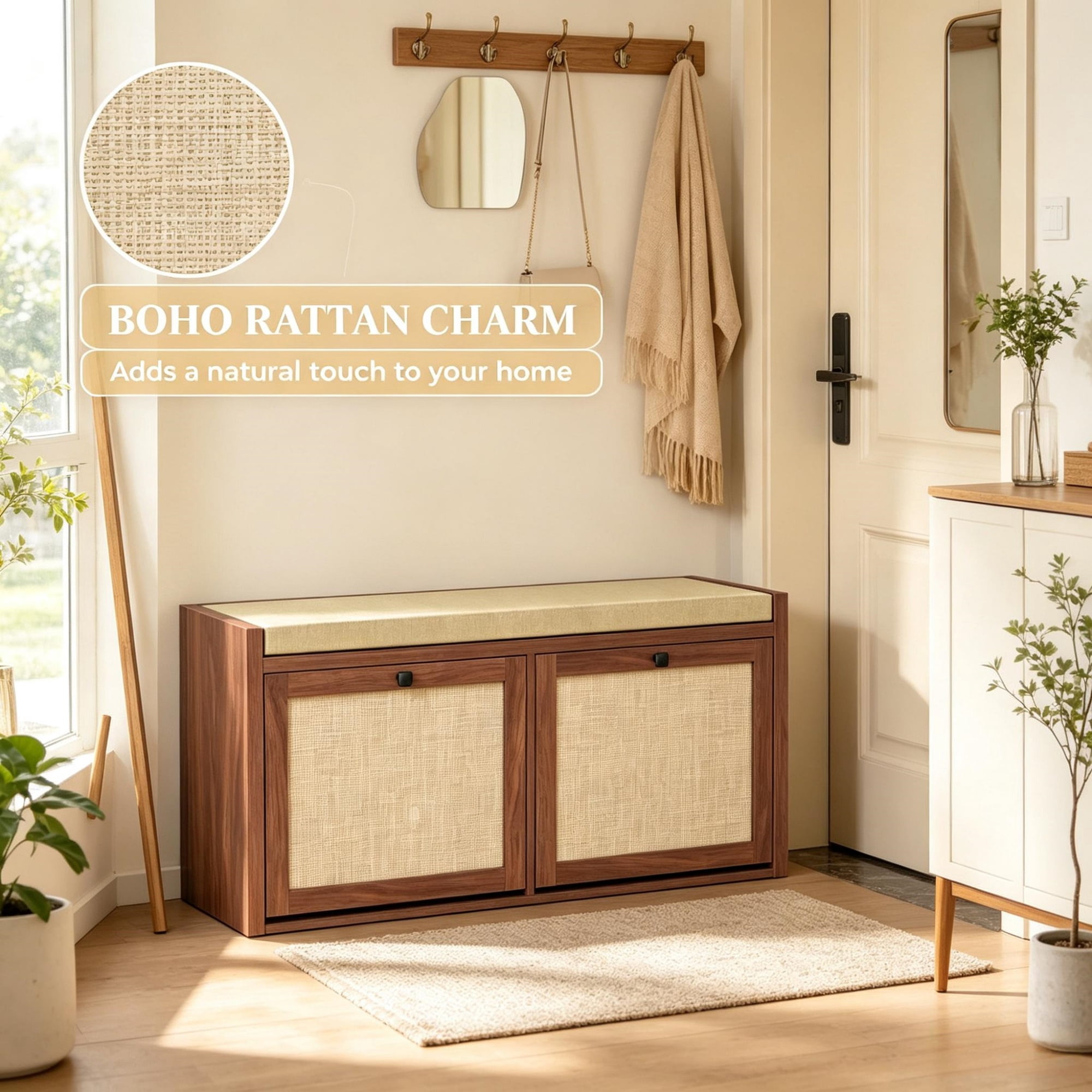 Entryway Shoe Storage Bench, Padded Seat with 2 Rattan Doors for Hidden Shoe Storage, Brown