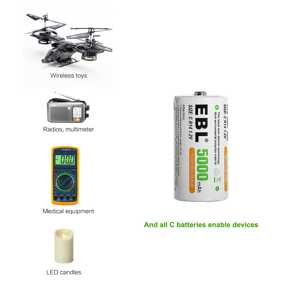 EBL 2-Pack 5000mAh Size C Rechargeable Batteries + LCD Battery Charger for AA AAA 9V C D Ni-CD Ni-MH Battery
