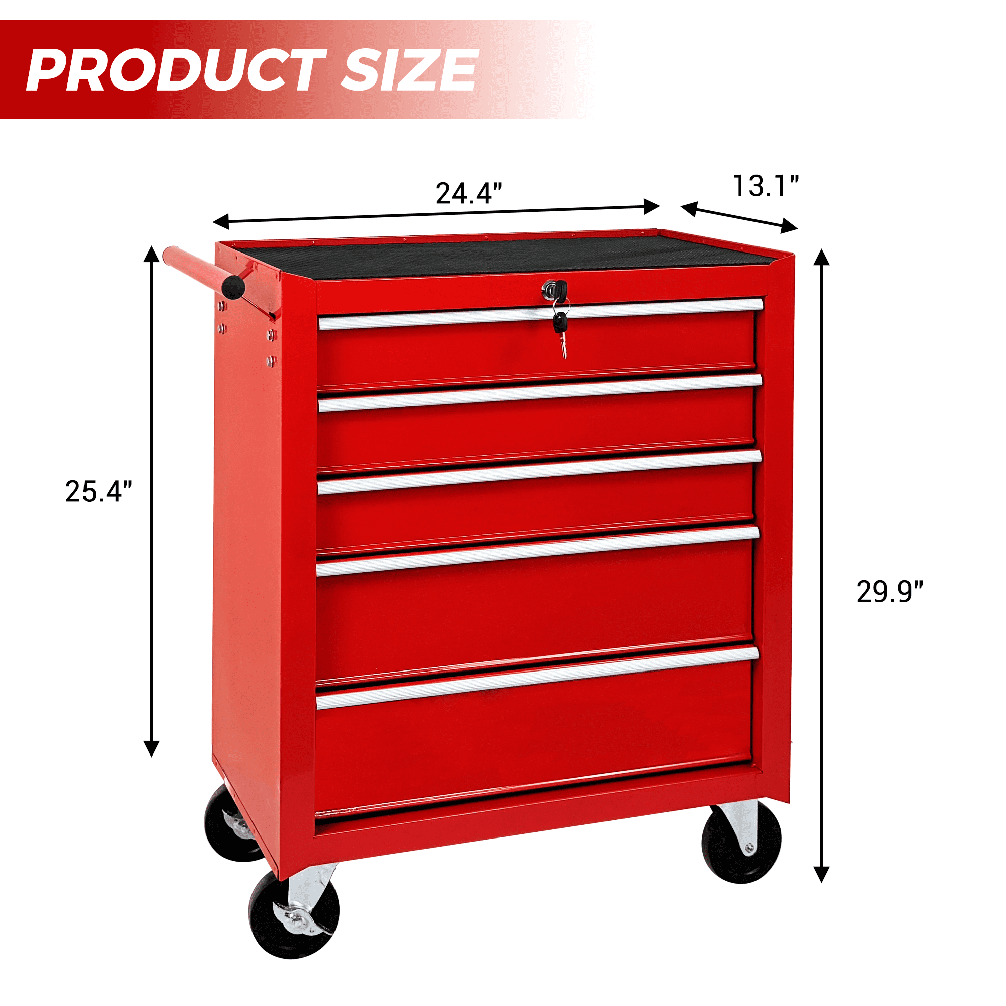 5-Drawer Rolling Tool Chest w/Lock & Key, Tool Storage Cabinet with Wheels, Top Cushion & Drawer Liners, Tool Organizer Box for Garage, Warehouse,RED