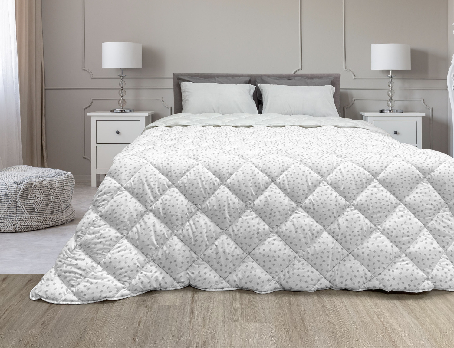 thumbnail image 1 of Geometric Down Alternative Comforter, Abstract Repetitive Little Monochromatic Diamond-like Lattice Square Motifs, Microfiber Quilt for All Season, 5 Sizes, Grey and White, by Ambesonne, 1 of 3