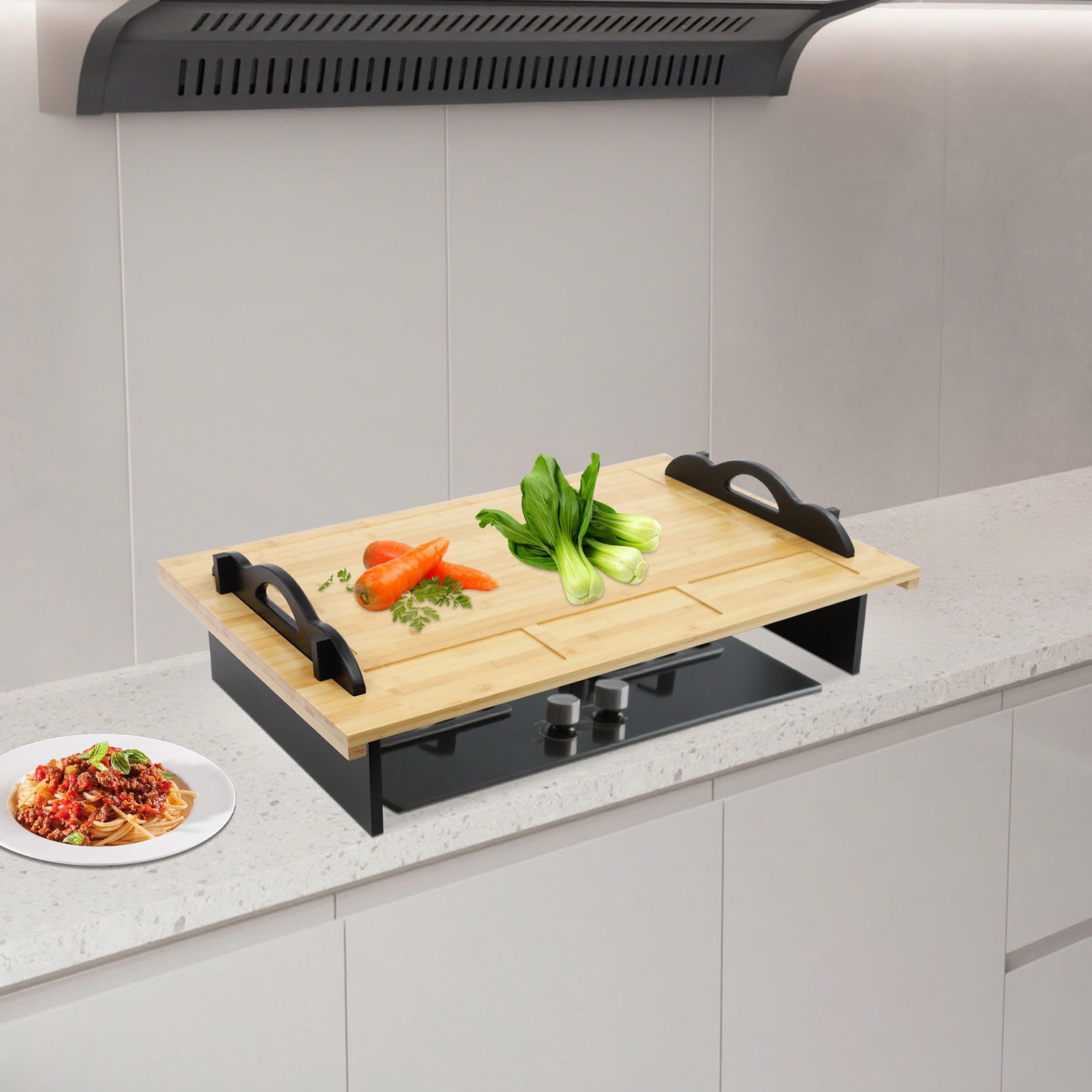 Stove Top Cover Board with Handles for Gas & Electric Stoves Wood Color