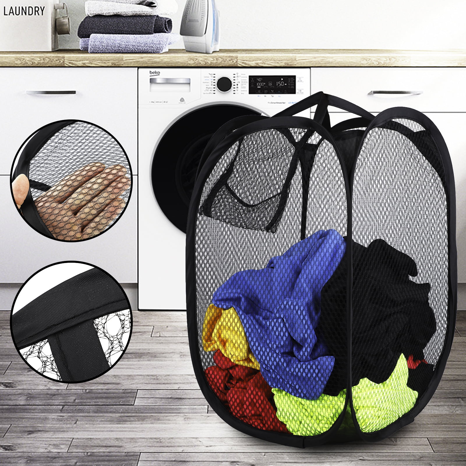 Laundry Foldable Basket Pop Up Wash Home Bags Bin Hamper Mesh Storage Organizer 