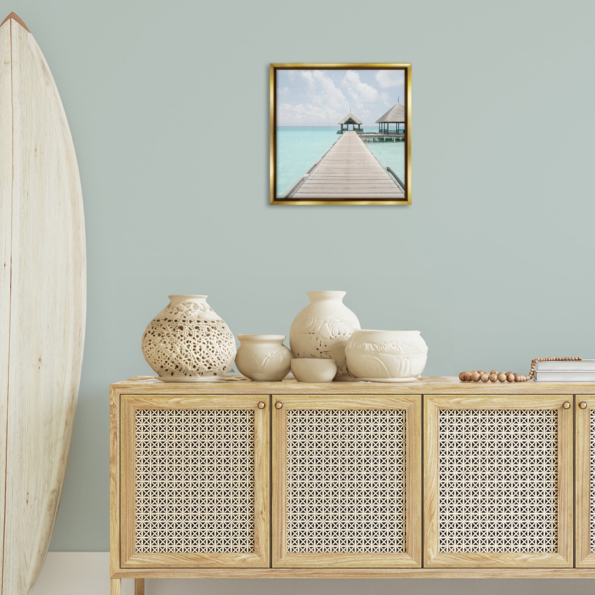 Stupell Industries Tropical Long Pier Coastal Photography Gold Floater Framed Canvas Art Print Wall Art, 18 x 18