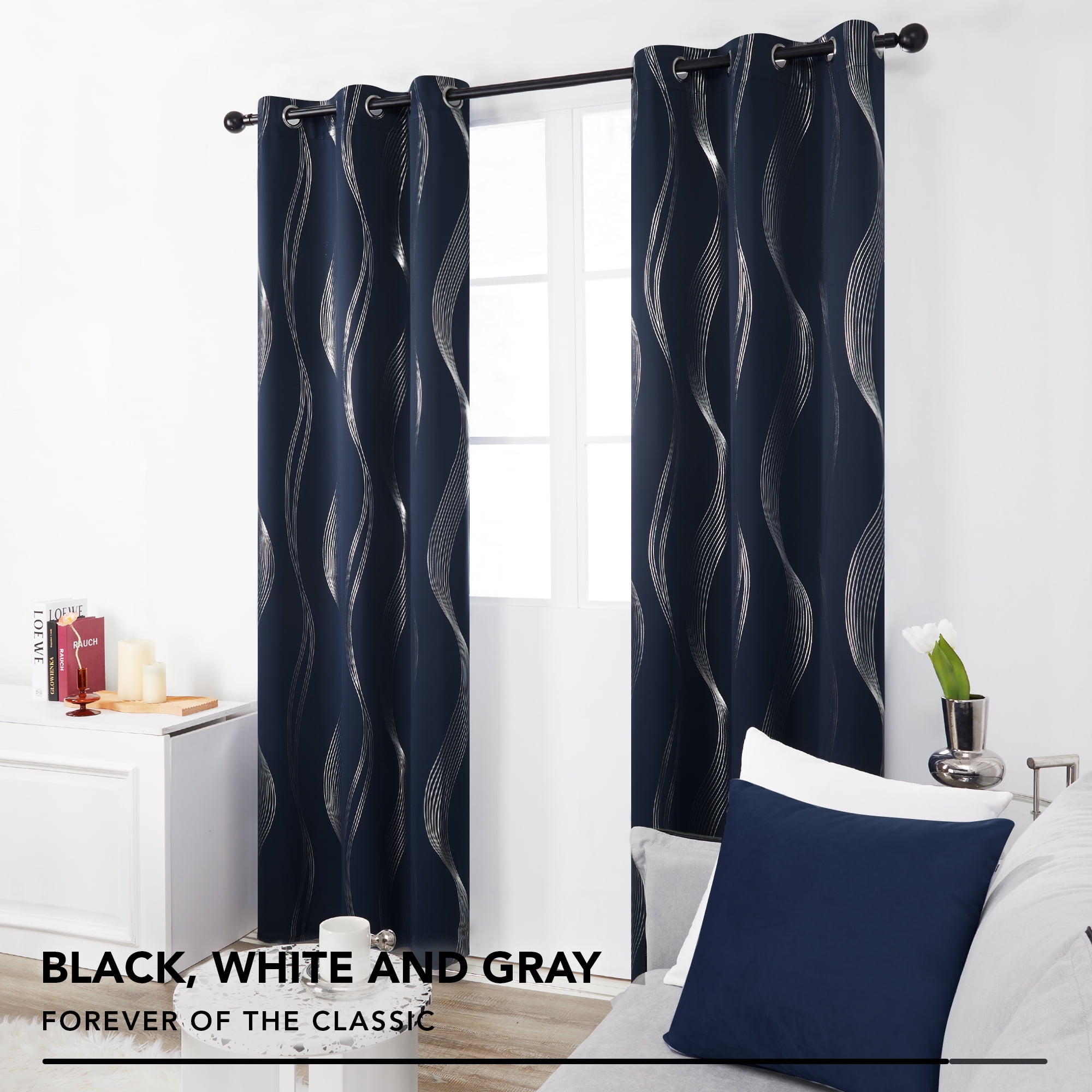Deconovo Silver Wave Foil Printed Blackout Curtains, Thermal Insulated Grommet Top Drapes (42 x 72 inch, Navy Blue, 2 Panels)