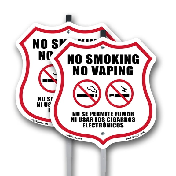No Smoking No Vaping Bilingual English / Spanish (2 Pack) 12 inch X 12 inch Shield Shaped Commercial Grade Plastic Signs with Aluminum Mounting Stakes Weather Resistant Made in the USA