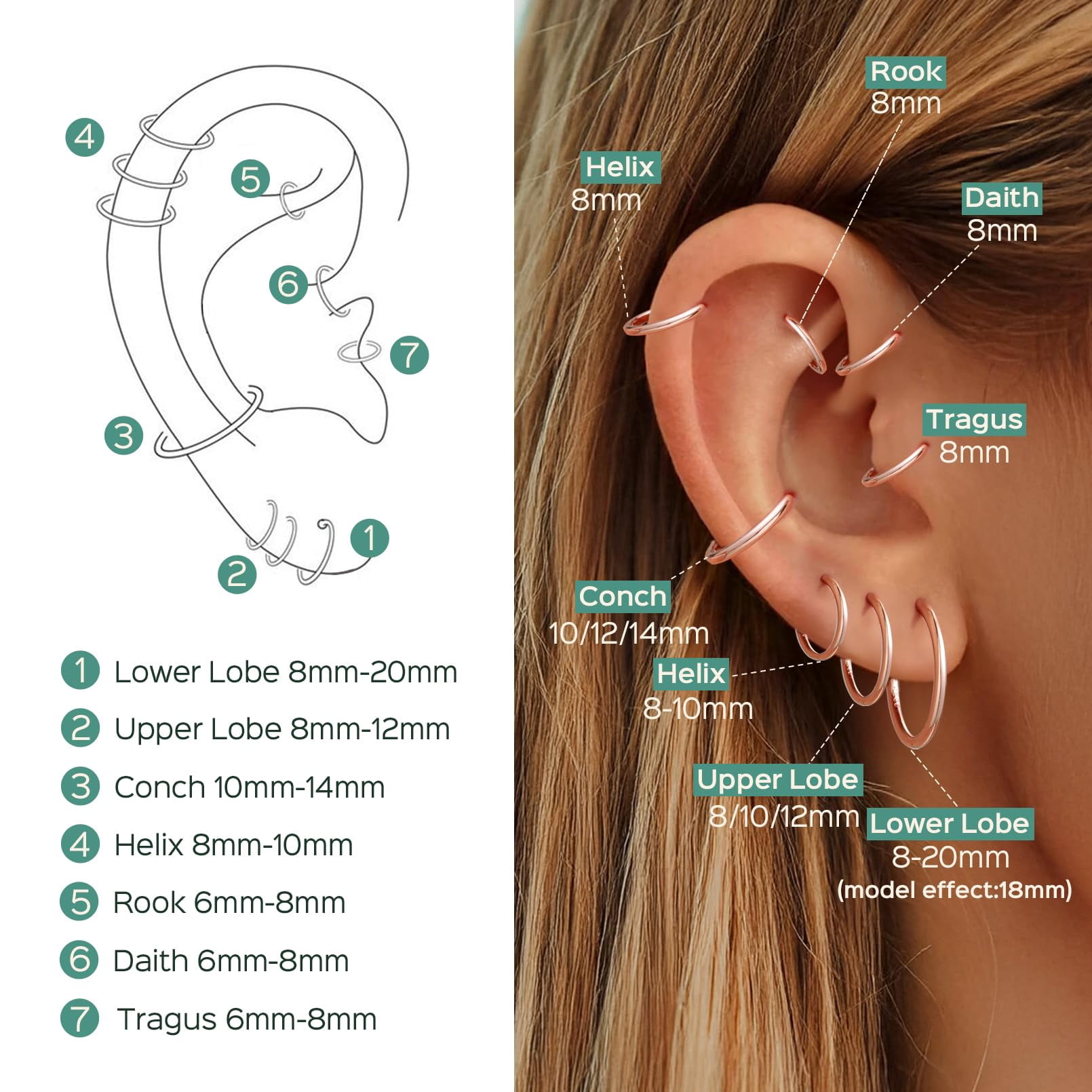 ChicSilver Rose Gold Plated Hoop Earrings for Women Hypoallergenic Rose Gold Plated Cartilage Earring 8MM Huggie Hoop Earring