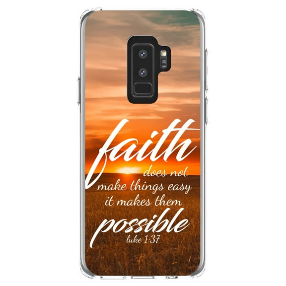 DistinctInk Clear Shockproof Hybrid Case for Samsung Galaxy S9  PLUS (6.2" Screen) - TPU Bumper, Acrylic Back, Tempered Glass Screen Protector - Luke 1:37 - Faith Does Not Make Easy Makes Possible