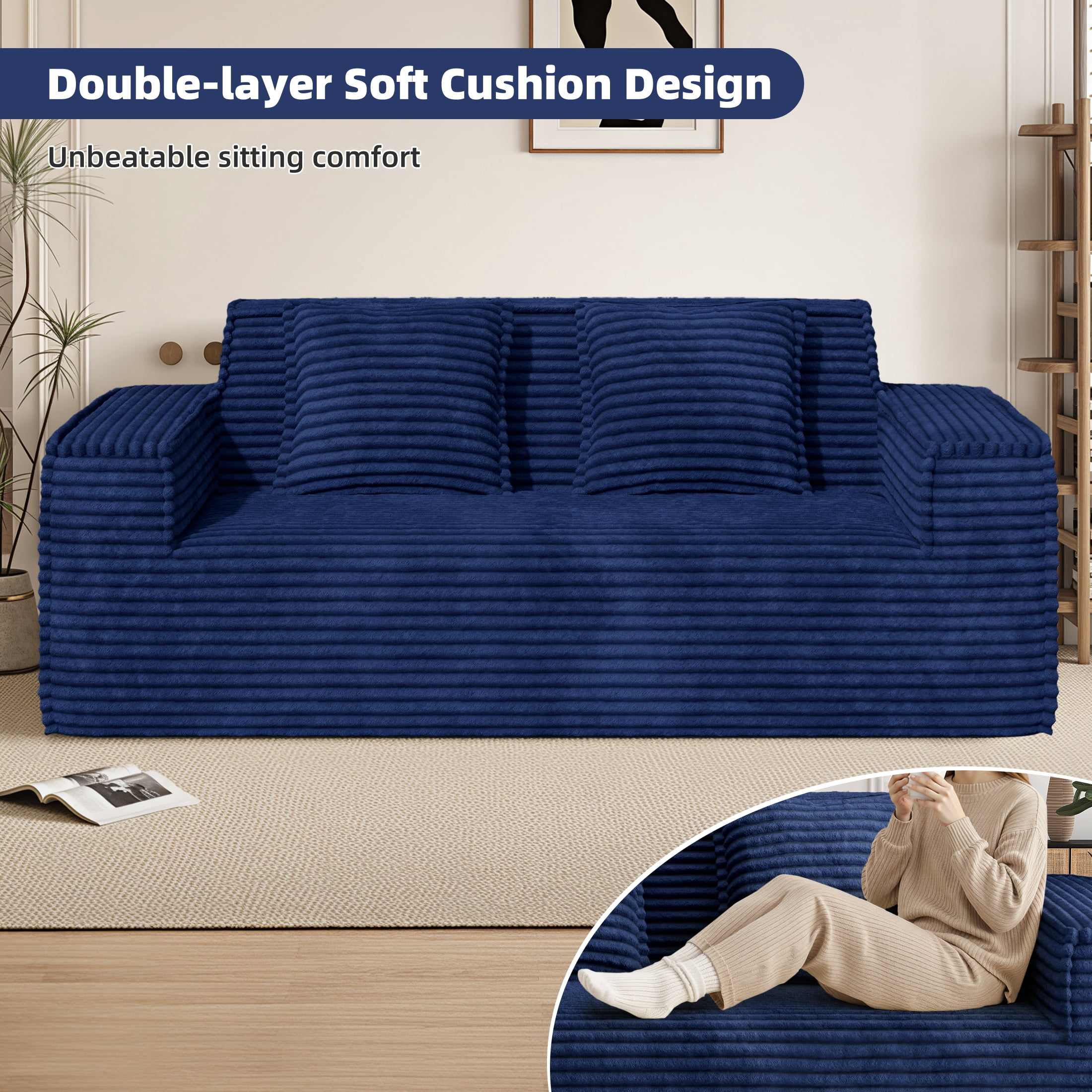 Hawsaiy 75" Corduroy Loveseat Sofa with Wide Armrests & Removable Pillows, No Assembly Foam Couch, Vacuum Packed, High-Density Support,Blue