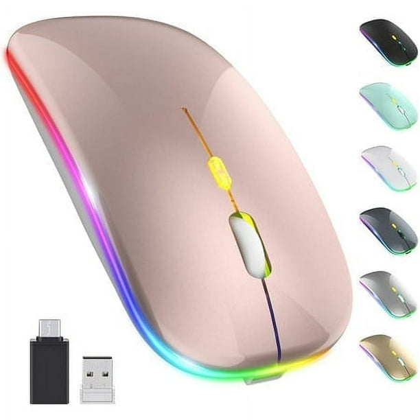 Ratón inalámbrico LED, recargable, delgado y silencioso, 2.4 G, portátil, óptico, para oficina, con receptor USB y tipo C, 3 DPI ajustables para notebook, PC, laptop, computadora de escritorio (oro