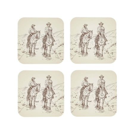 

Honeii Cowboys Riding Horses In Desert Print Leather Coaster Set of 4 Ideal for Safeguarding Your Furniture from Drinks Spills and Effortless Cleanup-Square