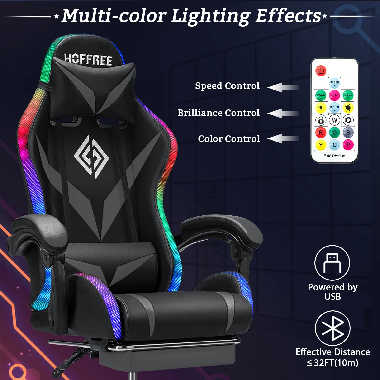 HOFFREE Gaming Chair with Massage and LED RGB Lights Ergonomic Computer Chair with Footrest High Back Video Game Chair with Adjustable Lumbar Support Linkage Armrest for Home Office