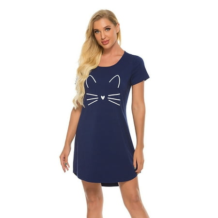 

Ladies Solid Color Cute Cotton Nightdress Casual Plus Size Cartoon Nightdress Sexy O-Neck Short Sleeve Homewear For Summer Z M