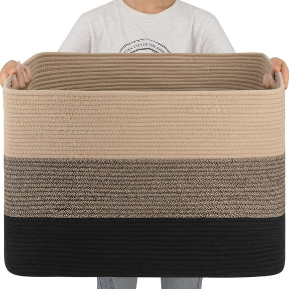 108L Super Large Blanket Basket, 25”x16”x16” Rectangle Woven Baskets for Storage, Cotton Rope Basket For Living Room, Toy Storage with Handle - Yellow Black