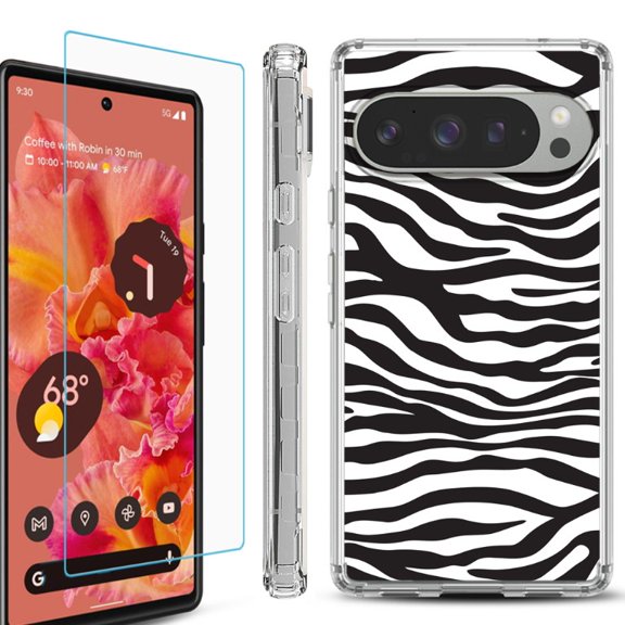 For Google Pixel 9 / 9 Pro Phone Case Cover, Shockproof Bumper Case with Tempered Glass Screen Protector, by OneToughShield - Zebra B/W