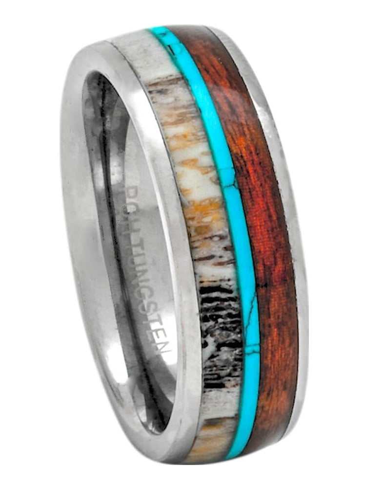 8mm Rose Gold Tungsten Koa Wood w/ Crushed Turquoise Stripe Men's Ring 
