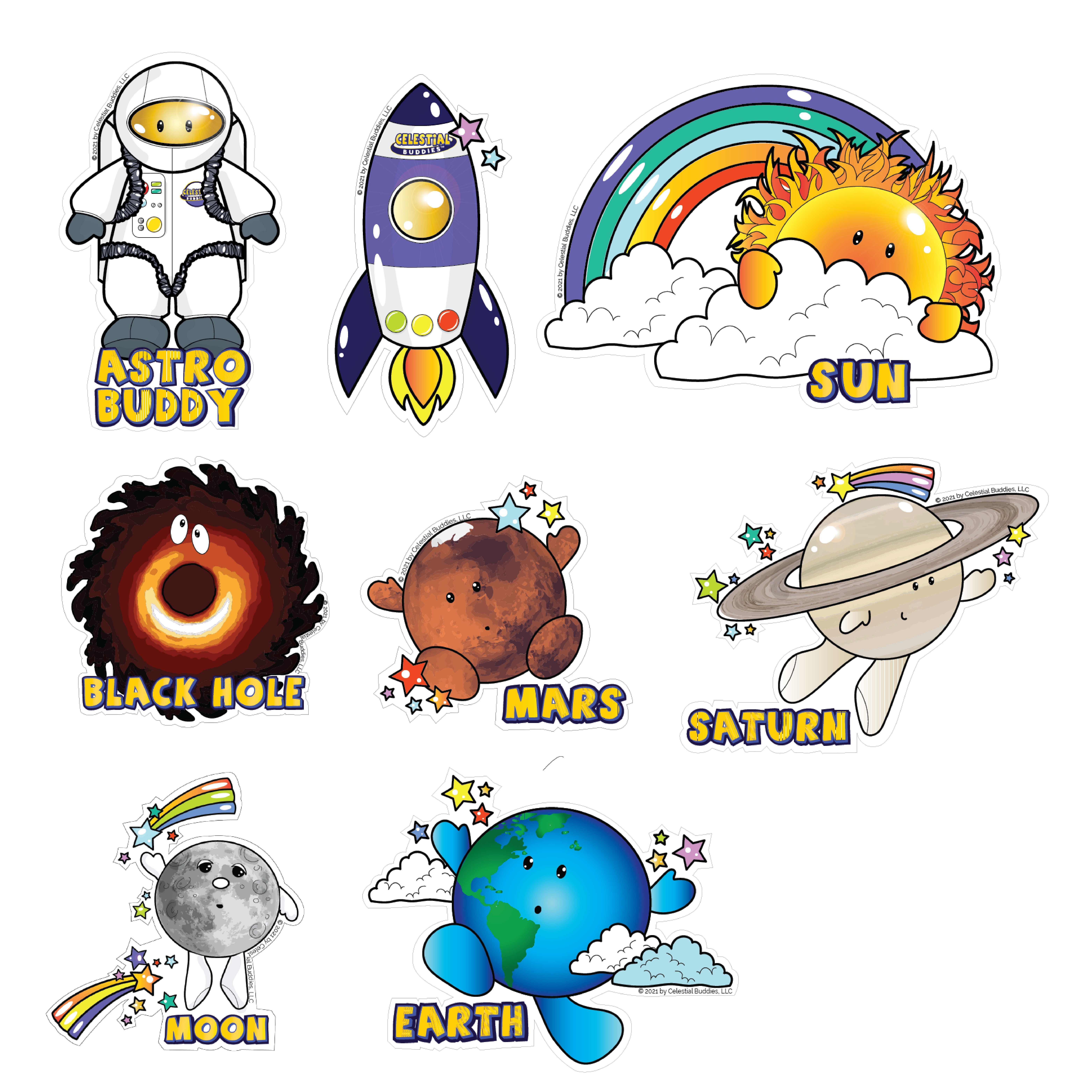 Celestial Buddies Vinyl Space Stickers! Includes 6 Each: AstroBuddy, Saturn, Moon, Mars, Rocketship, Sun, Earth, Black Hole