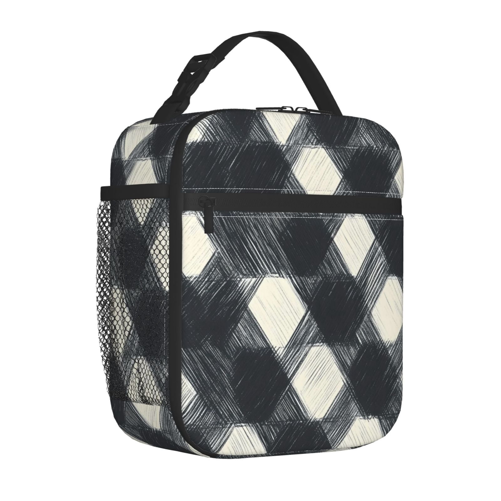 Lunch Bag For Women Men Insulated Portable Lunch Box Bento Box Office Picnic Travel Cooler Bag Darkgray Checked Hand-Drawn Sketch_1