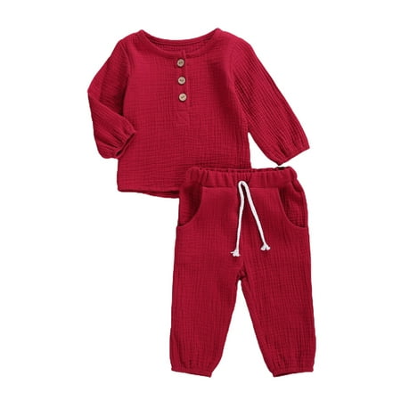

luethbiezx Baby Fall Shirt Buttons Round Neck Long Sleeve Top Jogger Pants Suit