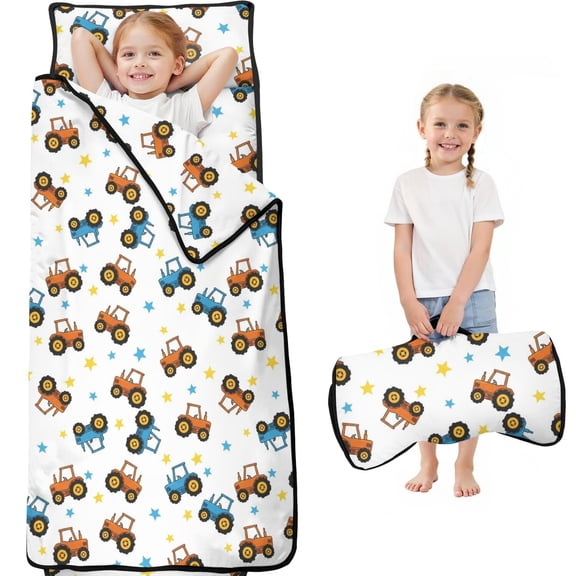 Tractor and Stars White Pattern Teens Toddler Nap Mat with Pillow, Sleeping Mat Bag for Preschool Daycare 59"x22"