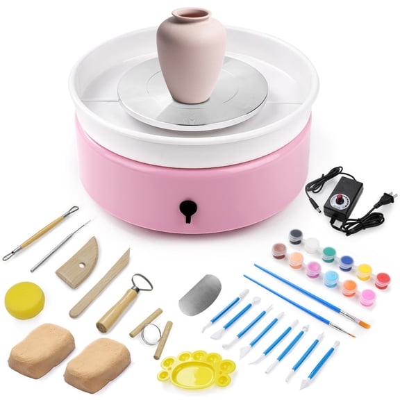 Mini Pottery Wheel，9.45”Pottery Wheel for Adults Beginners Kids, Movable Turntable with Adjustable Speed with 16 Pottery Shaping Tools，Pink