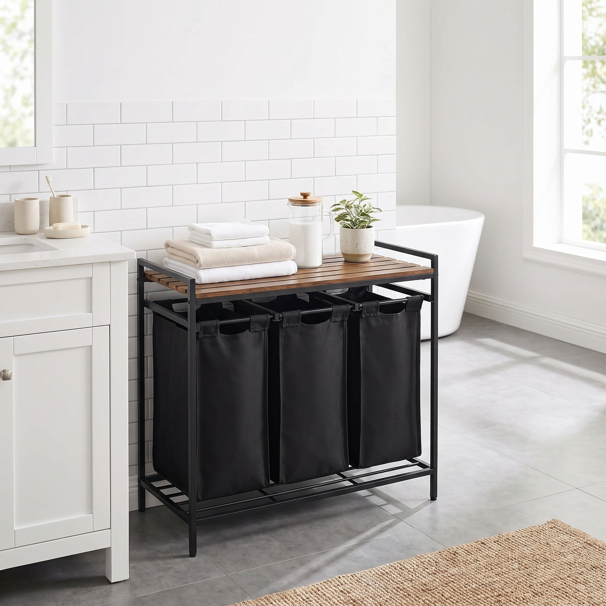 Ledrem 3-Compartment Laundry Sorter with Removable Bags for Home Organization, Ink Black/Rustic Brown