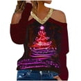 thumbnail image 1 of Sudaderas Navideñas Para Mujer, Cuello en V, Informal, Estampado Floral, Camisetas de Manga Larga, Blusa, Túnicas Sueltas, Tops Odeerbi ODB203292, 1 of 7