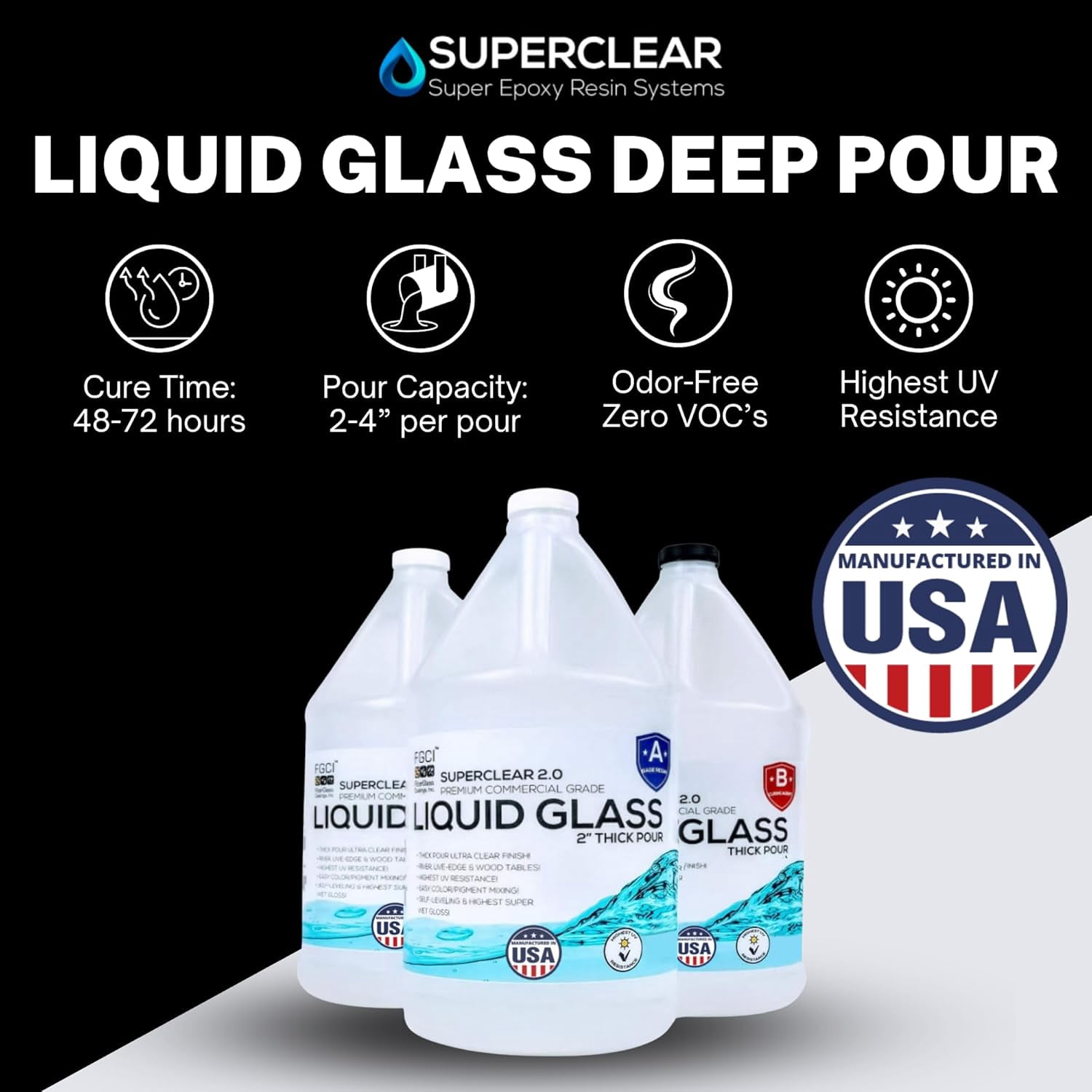 Superclear Liquid Glass Deep Pour Epoxy Resin Kit 3 Gallon with Mica Powder Variety Pack, 2-4 Inch Clear Casting Resin for River Tables, Live Edge Wood, Crafts, Food Safe, Bubble Free