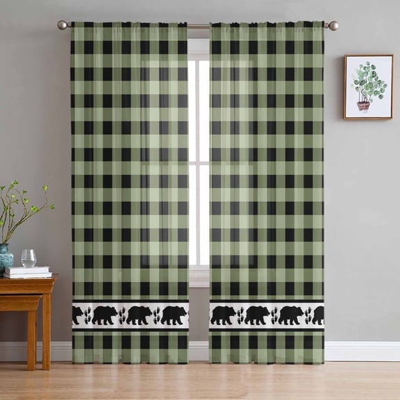 Sage Green Black Sheer Curtains 96 Inches Long 2 Panels Set, Window Sheer Curtains for Living Room/Bedroom, Farmhouse Vintage Bear Buffalo Plaid Light Filtering Rod Pocket Curtain 52'' x 96'' x 2
