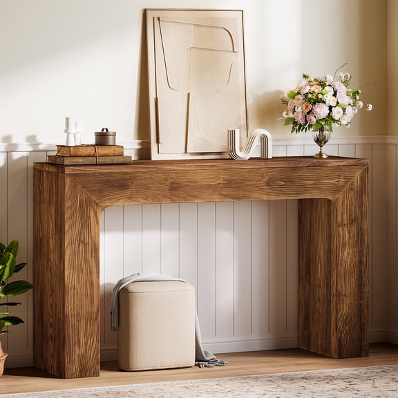 Finmind 43.3" Solid Wood Console Table, Farmhouse Entryway Table with Double Base for Living Room, Behind Couch, Hallway & Foyer, Vintage Brown