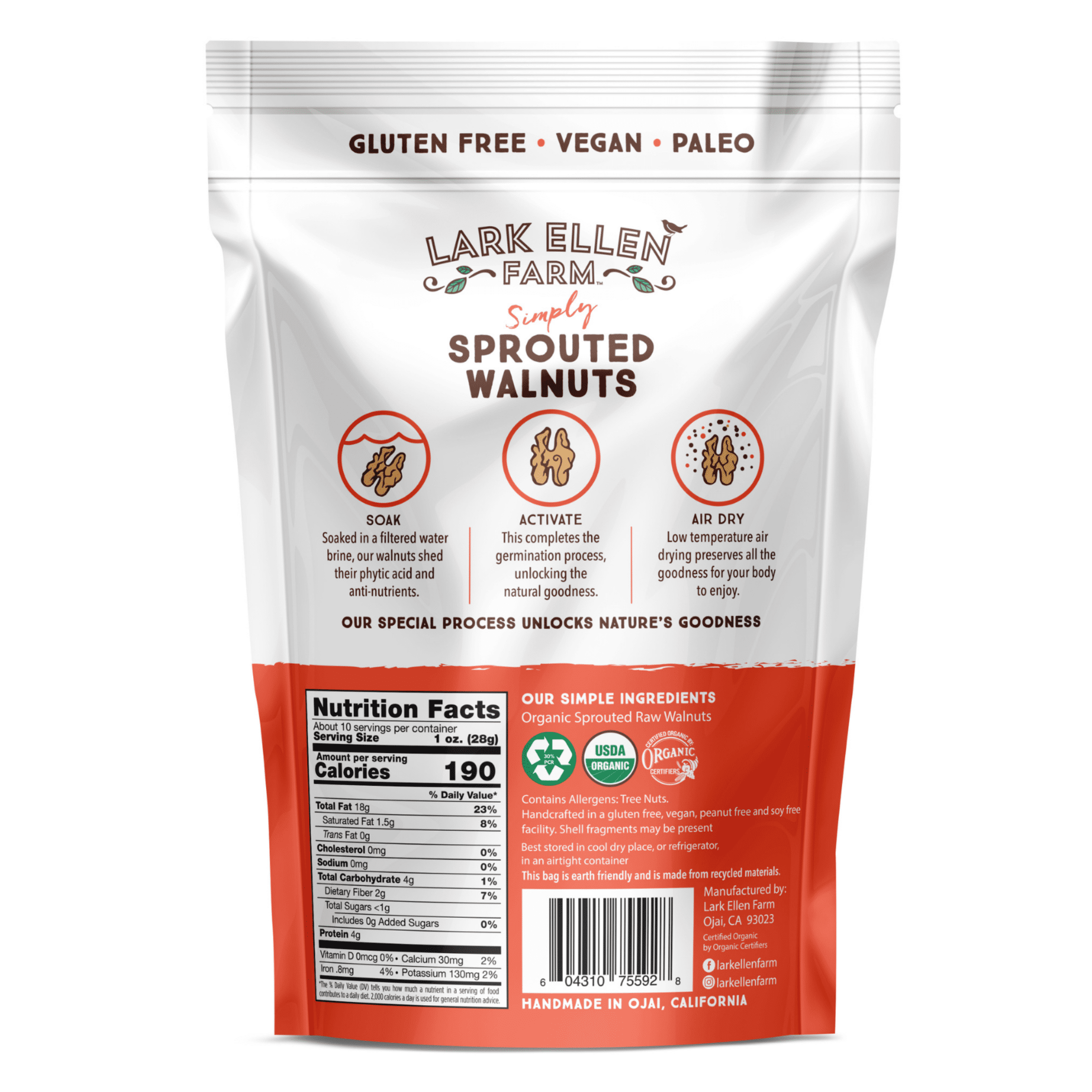 Lark Ellen Farm Unsalted Walnuts, Raw Sprouted Healthy Snack, Keto, Certified USDA Organic, Gluten-Free, Vegan, Individual Whole Nuts (10 Oz, 3 Pack)