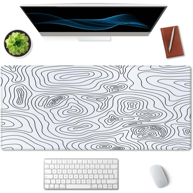 White Topographic Desk Mat, Black Gaming Desk Mat, Extended Mouse Pad,  Topography Desk Mat, Extra Large Desk Mat Keyboard, Desk Accessories 