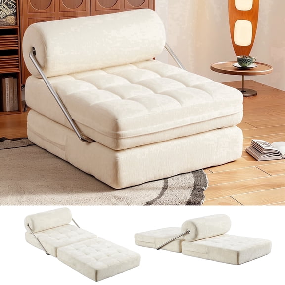 AIMSTYTO 4-in-1 Convertible Sofa Bed, Single Folding Sleeper Chair with Back Support, Soft Chenille Boneless Floor Couch, Small Futon for Living Room, Bedroom, Apartment (Beige)