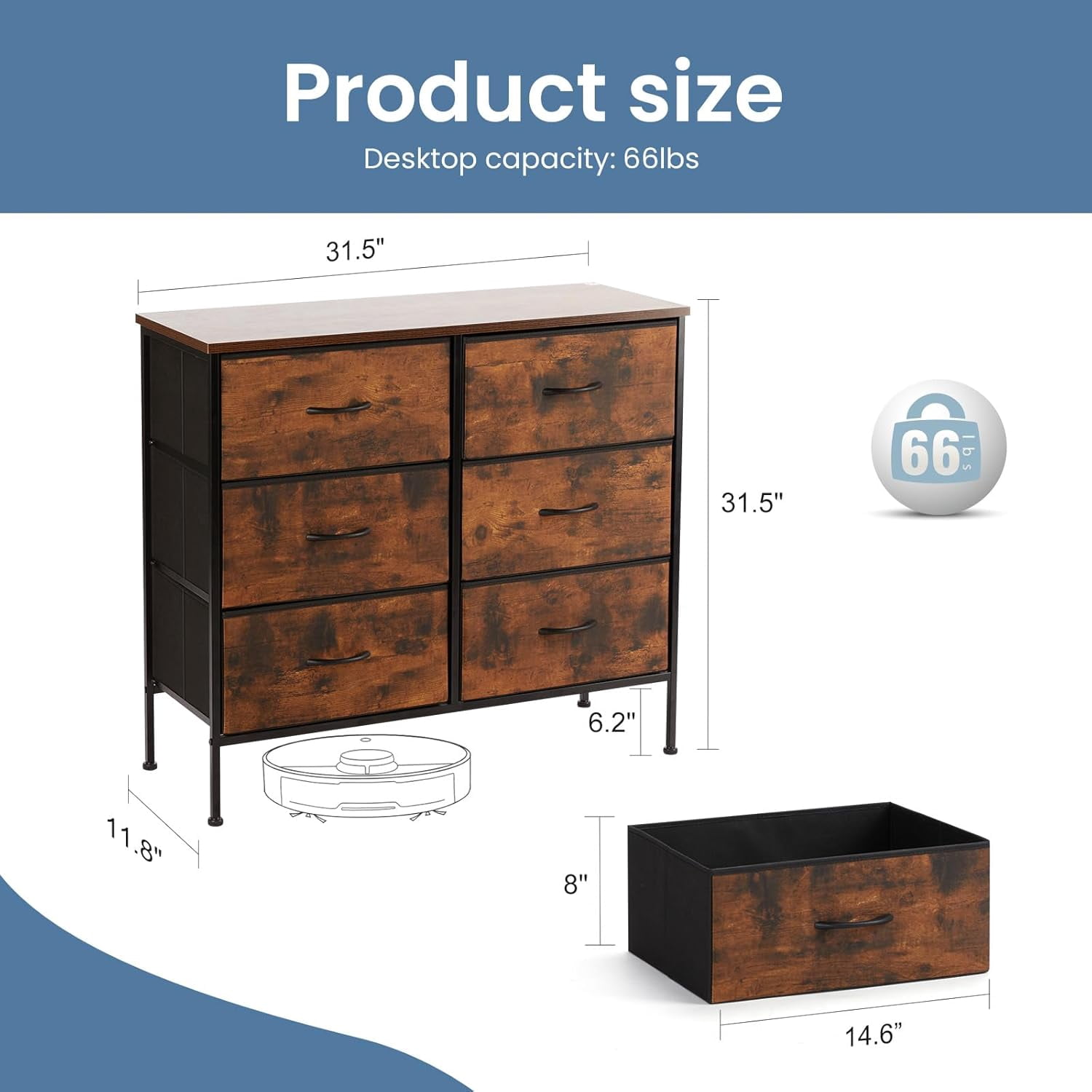 【Holiday Ready】6-Drawer TV Stand & Dresser, Multifunctional Furniture with Fabric Storage for Living Room, Bedroom, Rusty Brown