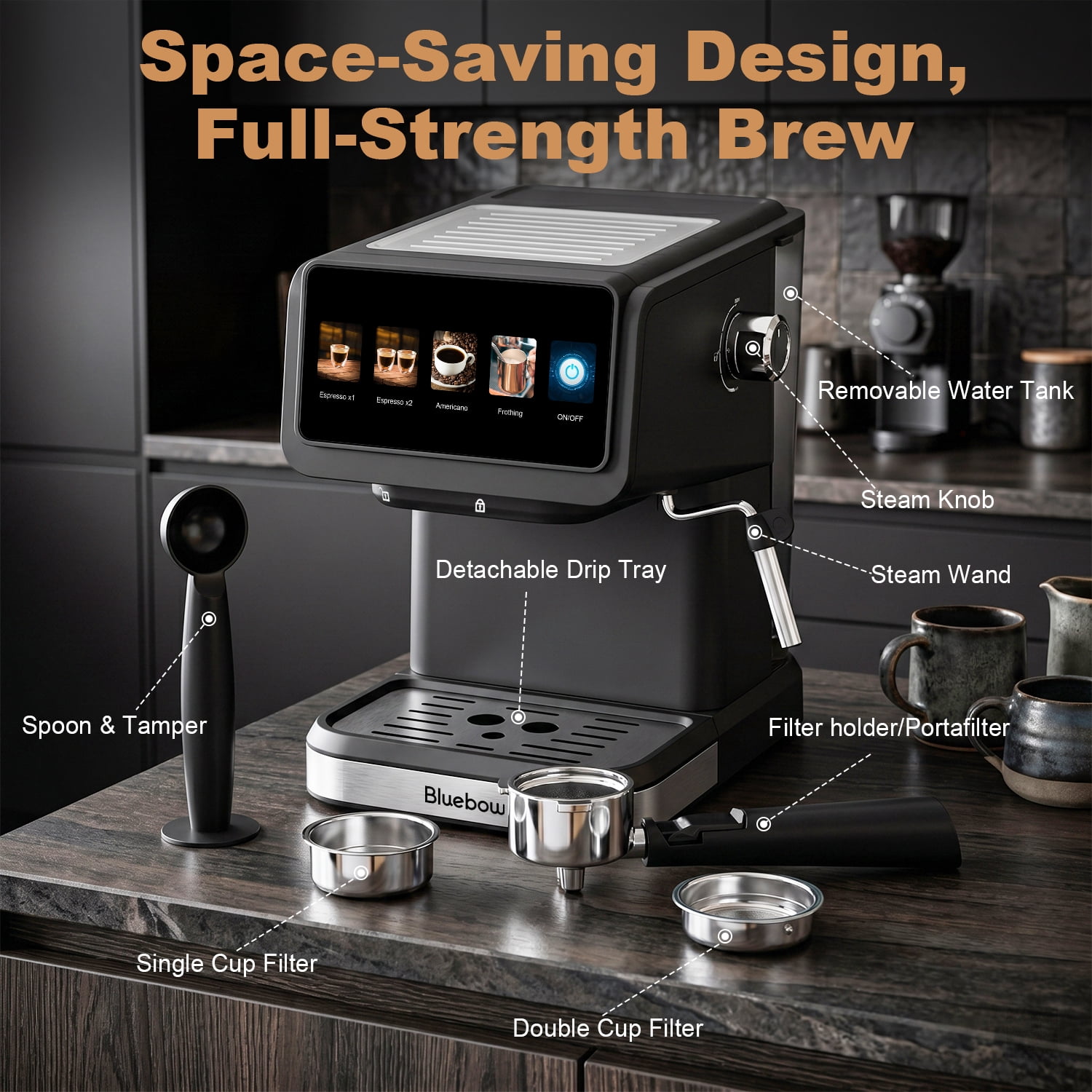 Bluebow Espresso Machine, 20 Bar Coffee Machine with Milk Frother Steam Wand, Coffee Maker for Home- Americano Cappuccino Latte