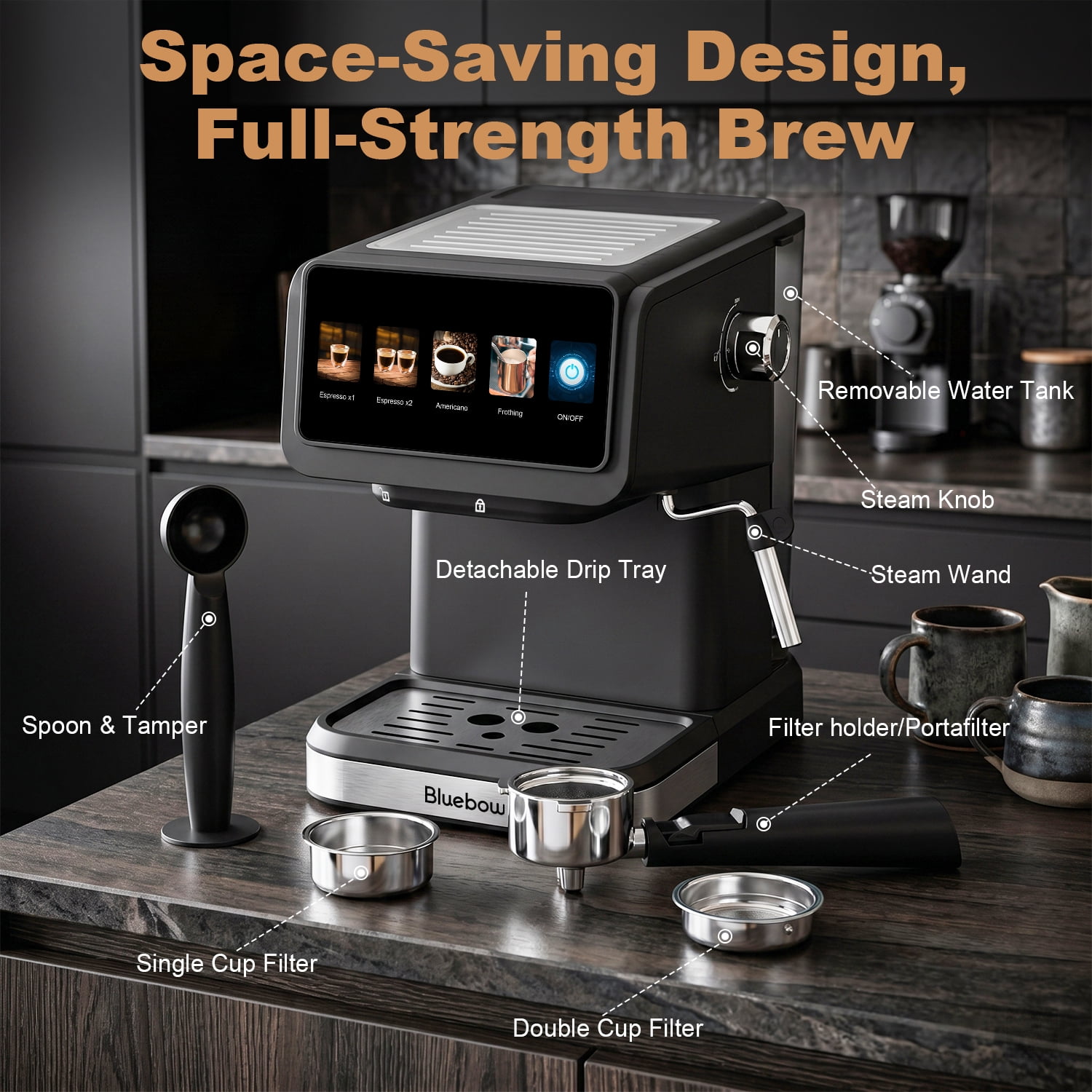Bluebow Espresso Machine, 20 Bar Coffee Machine with Milk Frother Steam Wand, Coffee Maker for Home- Americano Cappuccino Latte