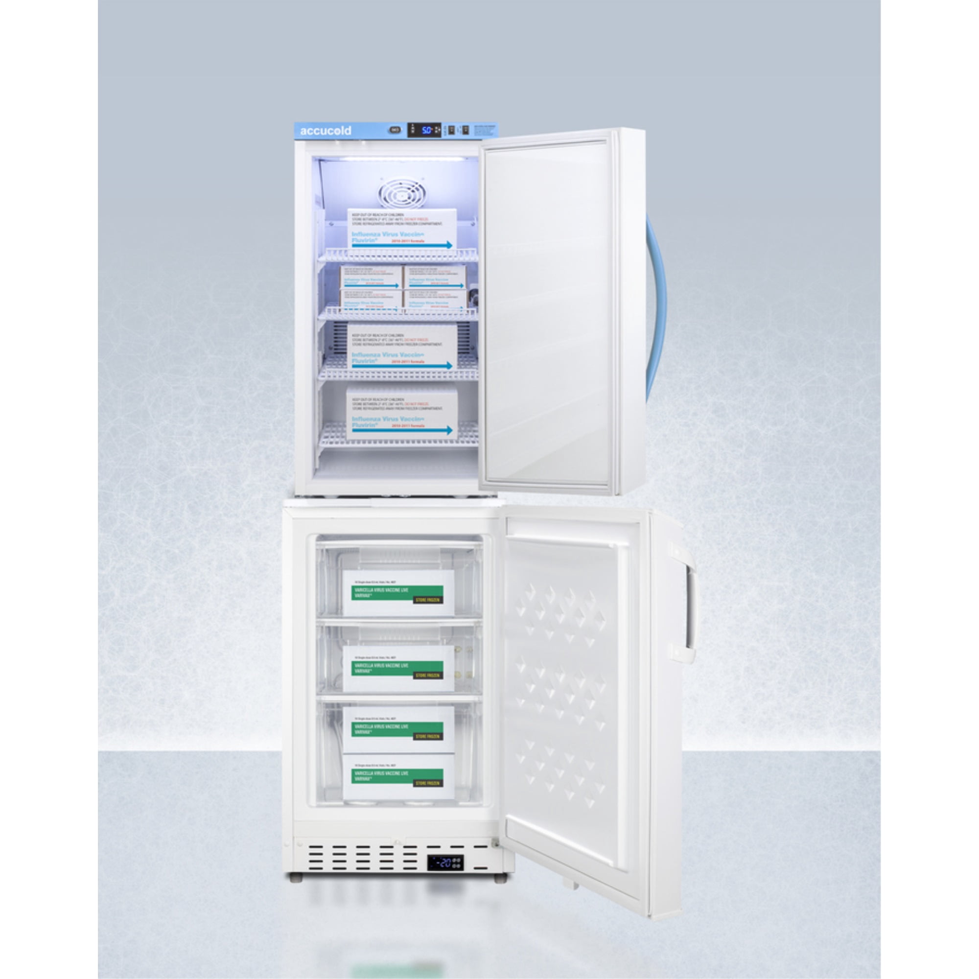 Stacked vaccine refrigerator-freezer combination