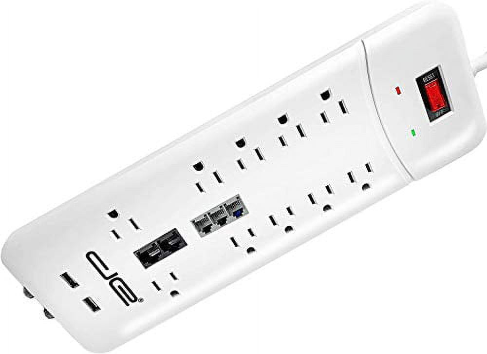 Digital Energy DSS5-1034-WHT 10-Outlet Heavy-Duty Surge Protector Power Strip with 2 USB Ports and Coaxial, Phone, and Modem Protection (White; 8-Foot Cord)