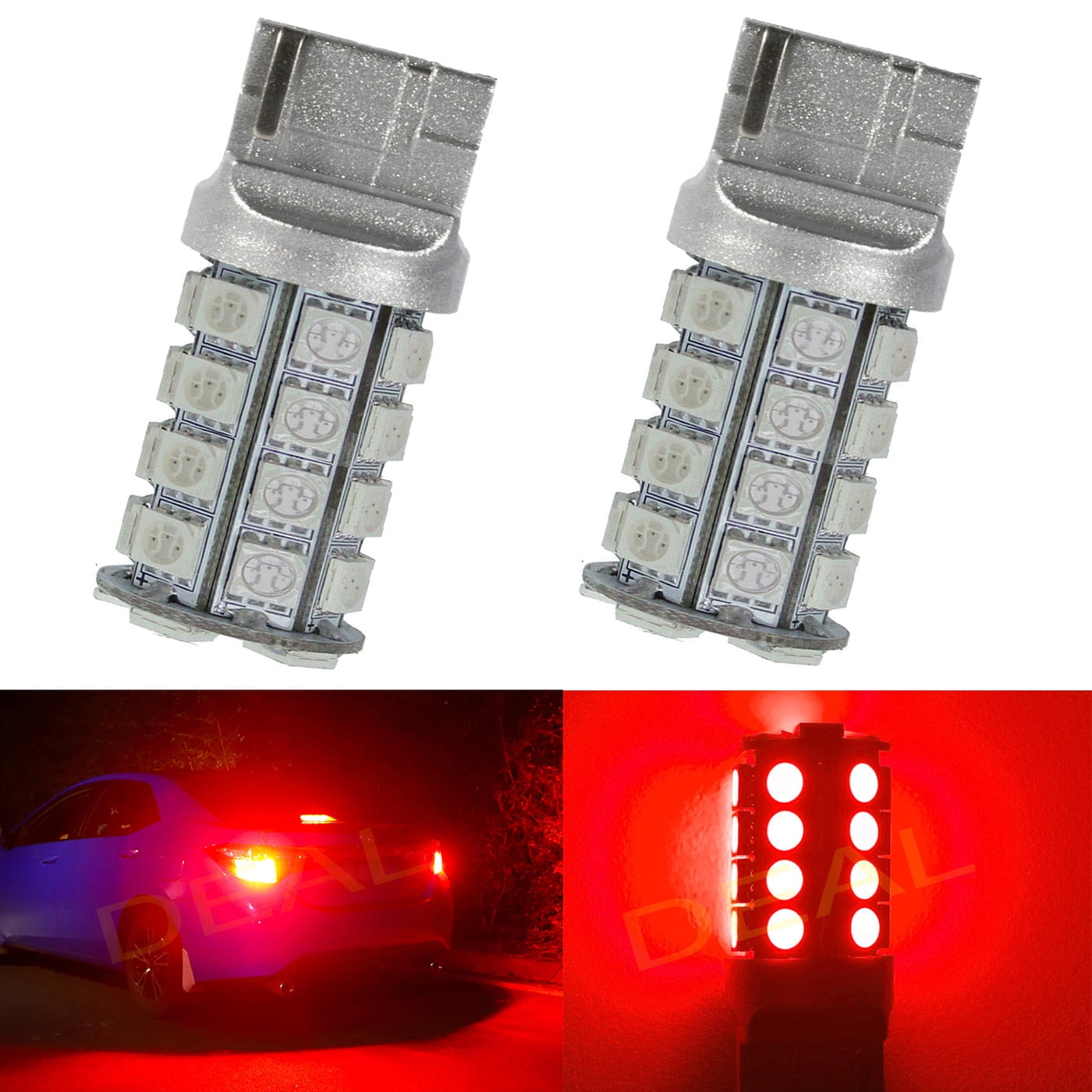 2pcs 7443 Super Bright Red DC 12V 30-SMD LED Bulbs For Front Rear Turn Signal/Parking/Driving/Side Marker/Stop/Brake Tail Light Lamp Double Filament