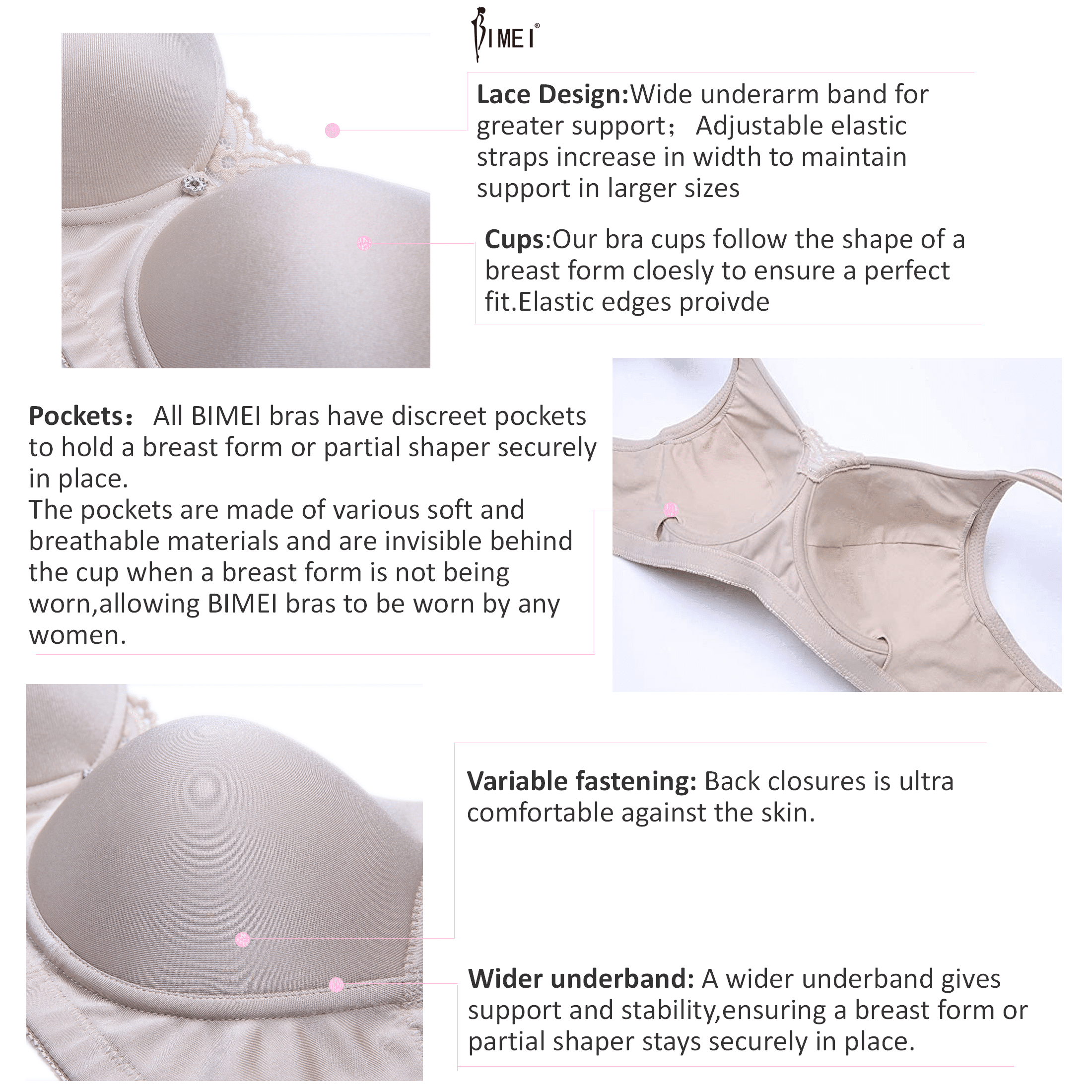 BIMEI Women's Mastectomy Bra Pockets Wireless Post-Surgery Invisible  Pockets for Breast Forms Everyday Bra Plus Size Bra 9818,Beige, 44C 