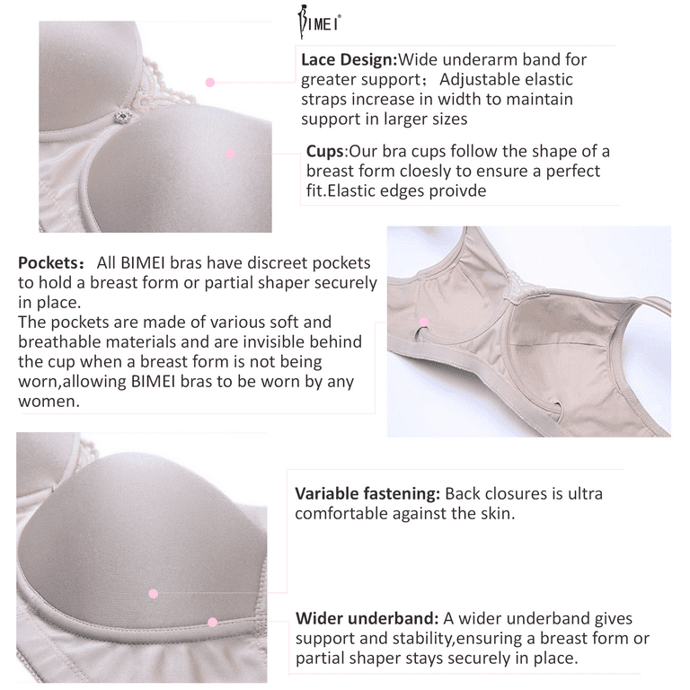 BIMEI Women's Mastectomy Bra Pockets Wireless Post-Surgery Invisible  Pockets for Breast Forms Everyday Bra Plus Size Bra 9818,Beige, 44B 